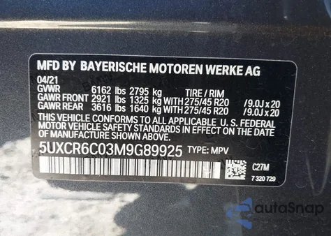 2021 BMW X5 xDrive40I из США, поврежденный, VIN 5UXCR6C03M9G89925